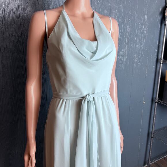 Amsale Chiffon Maxi Dress 10 Halter Strap Draped Bodice Prom Ball Formal Luxe - Picture 2 of 5